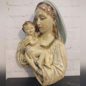 Vintage 1940s Chalkware Madonna & Child Virgin Mary Baby Jesus Wall Plaque 12"